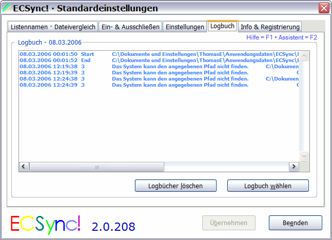 ECSync! · Standardeinstellungen – Logbuch