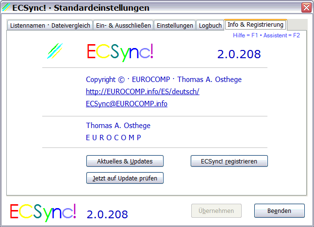 ECSync! · Standardeinstellungen – Info & Registrierung