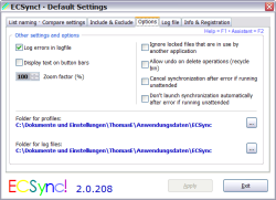 ECSync! · Default Settings – Options